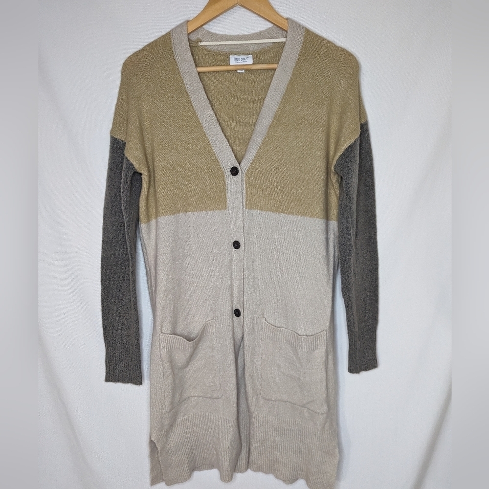 True Craft Brown Neutrals Long Button Front Cardigan Size XS Vneck Pockets